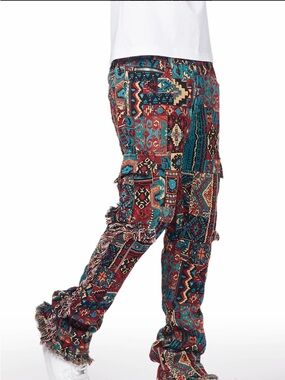 AYAMI Red Slim Tapestry Mens Stacked Flared Jeans